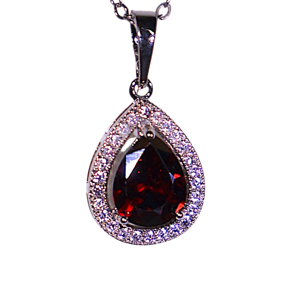 Swarovski Crystal Pear Halo Pendant Necklace Silver Ruby Red Teardrop 18in NWT